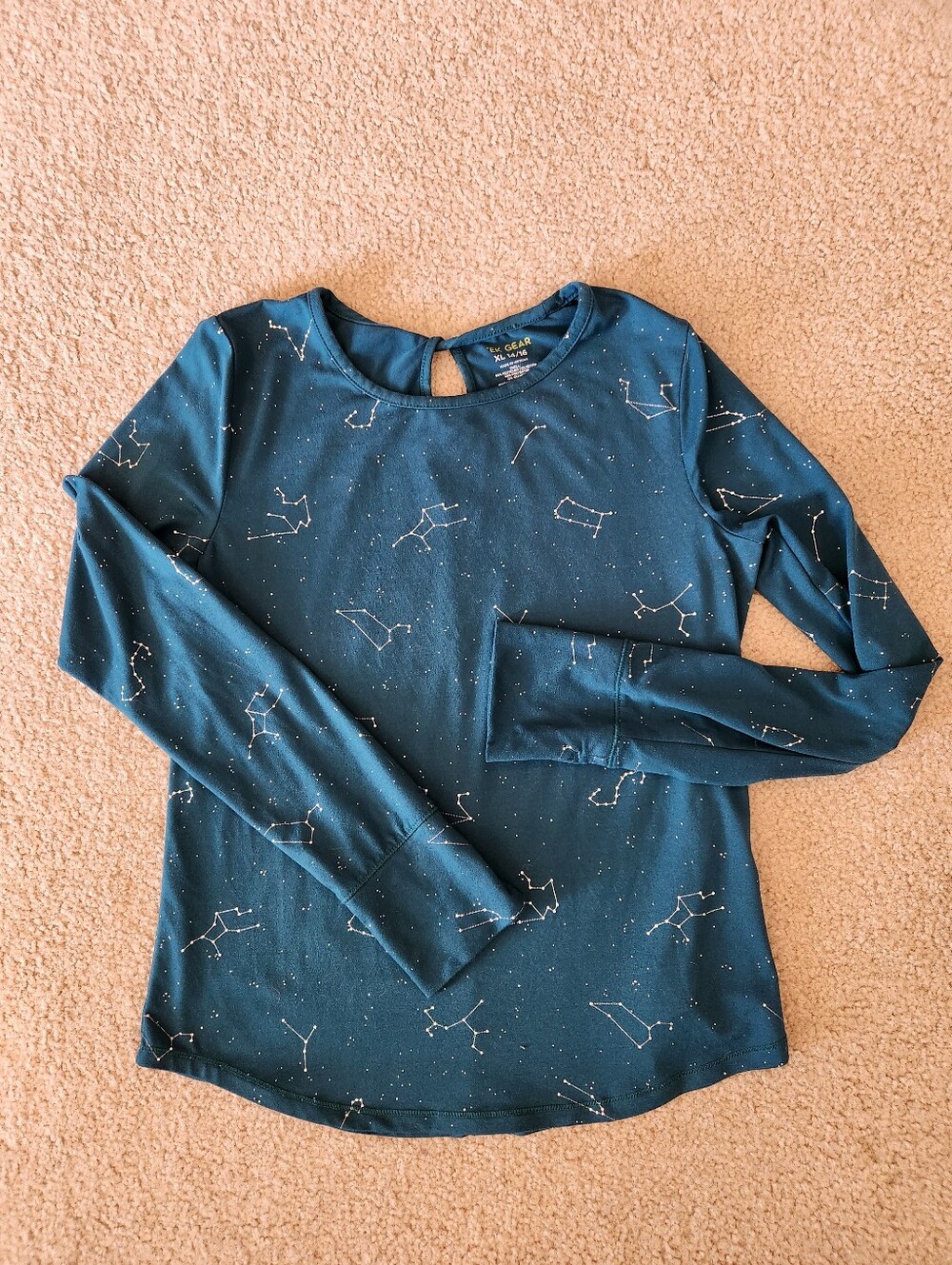 TEK Gear Girls Dk Teal Long Sleeve Shirt Constellation Pattern Keyhole XL 14-16